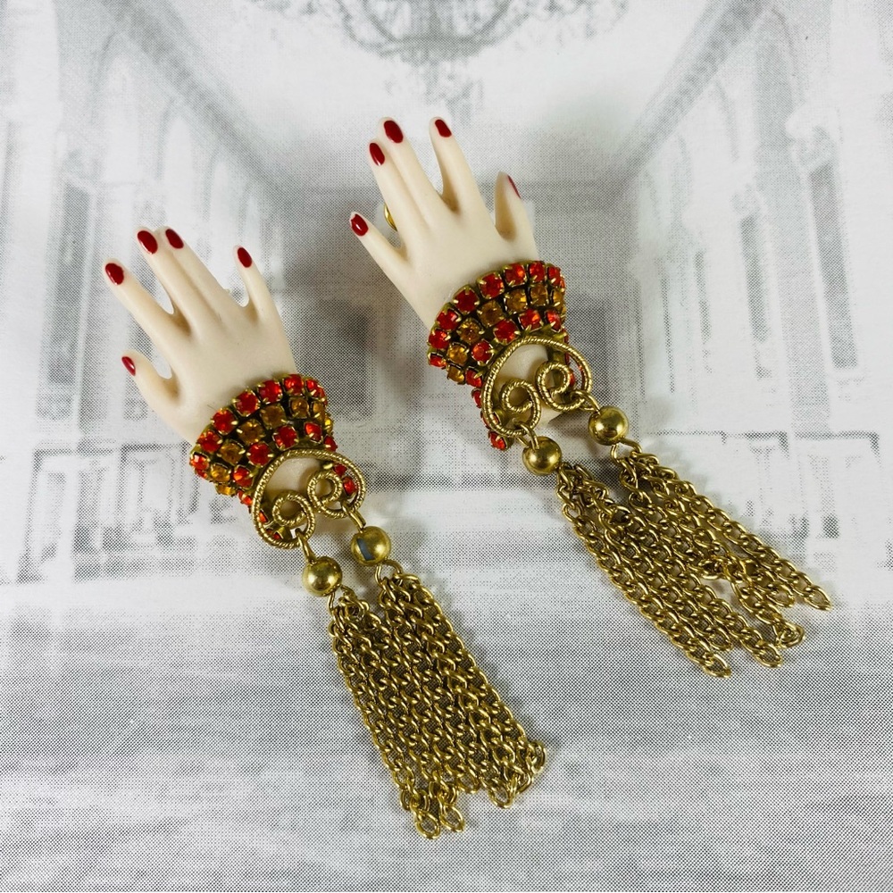 Artisan Red and Gold Hand Earrings OOAK handmade.